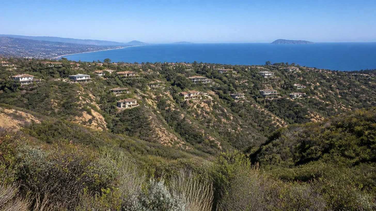 Fifteen or so Malibu residences scattered well apart on a far canyon slope, visibly of different eras, seen in exceptional air with the coastline running away and headlands sharp to the horizon
