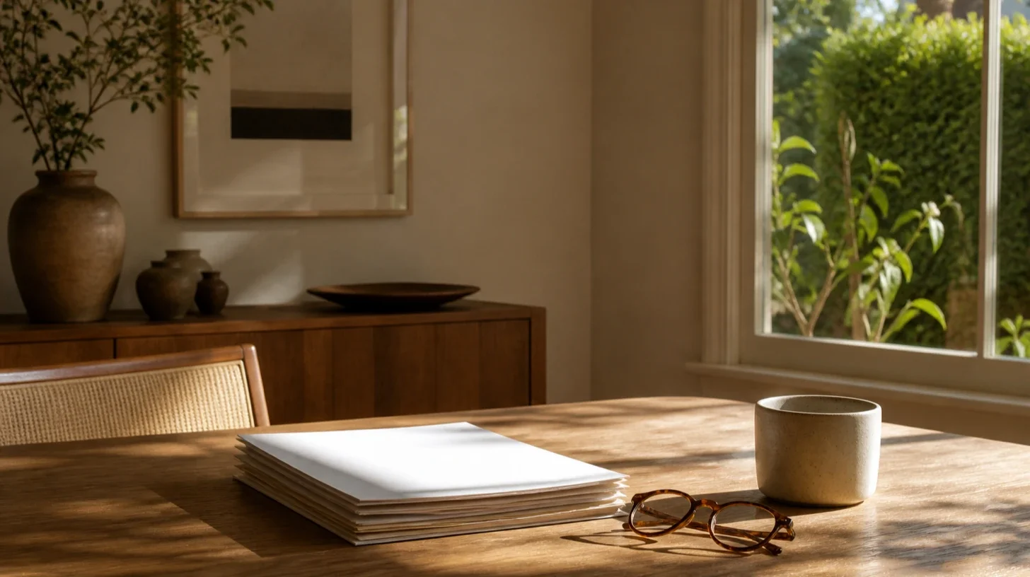 Morning daylight across a plain timber table beside a window, a small neat stack of unmarked papers and a pair of reading glasses resting beside them.