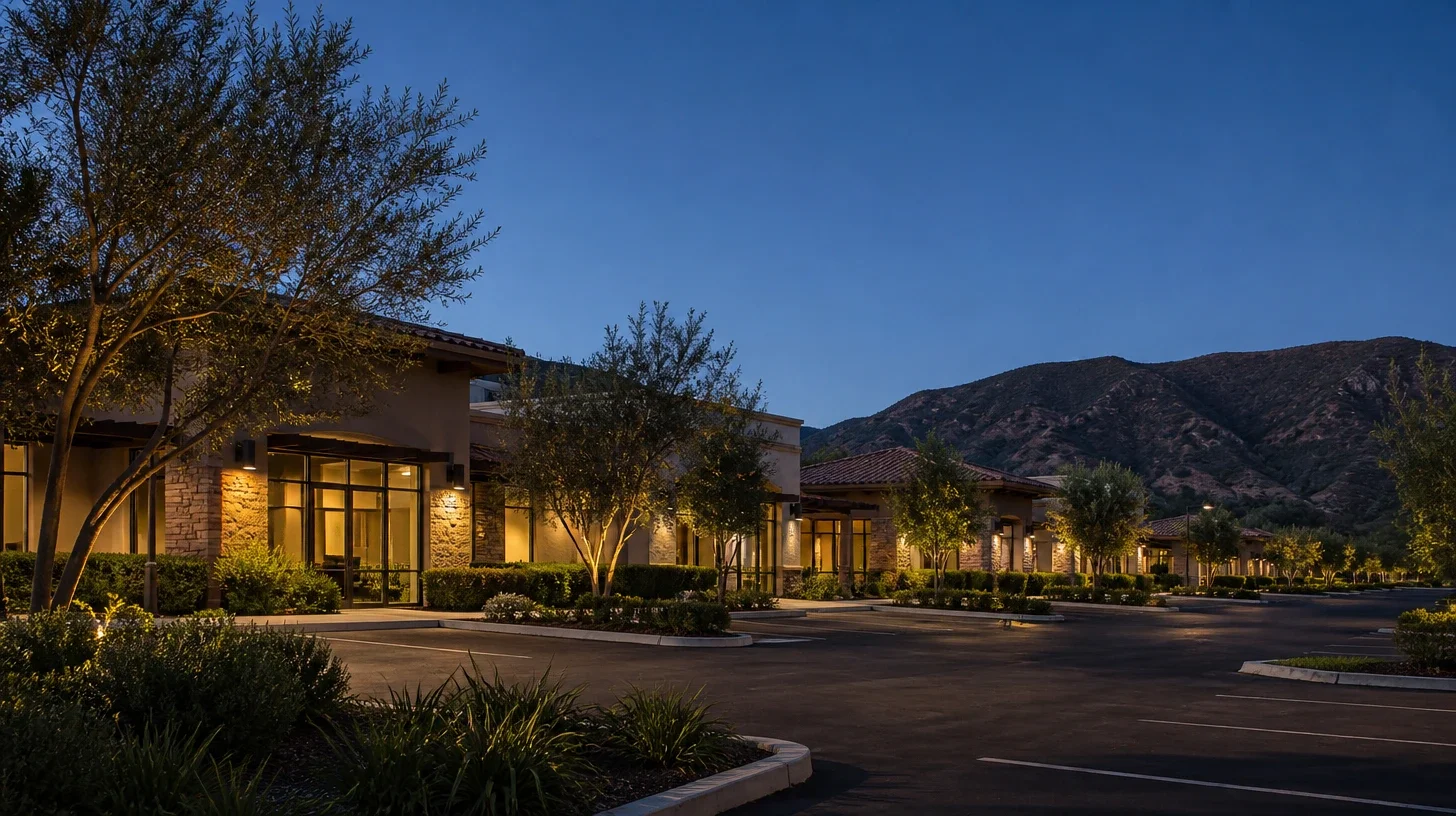 A low-rise Calabasas commercial corridor at dusk, the frontages lit warmly from within behind planted setbacks with the hills darkening beyond and the parking empty and swept
