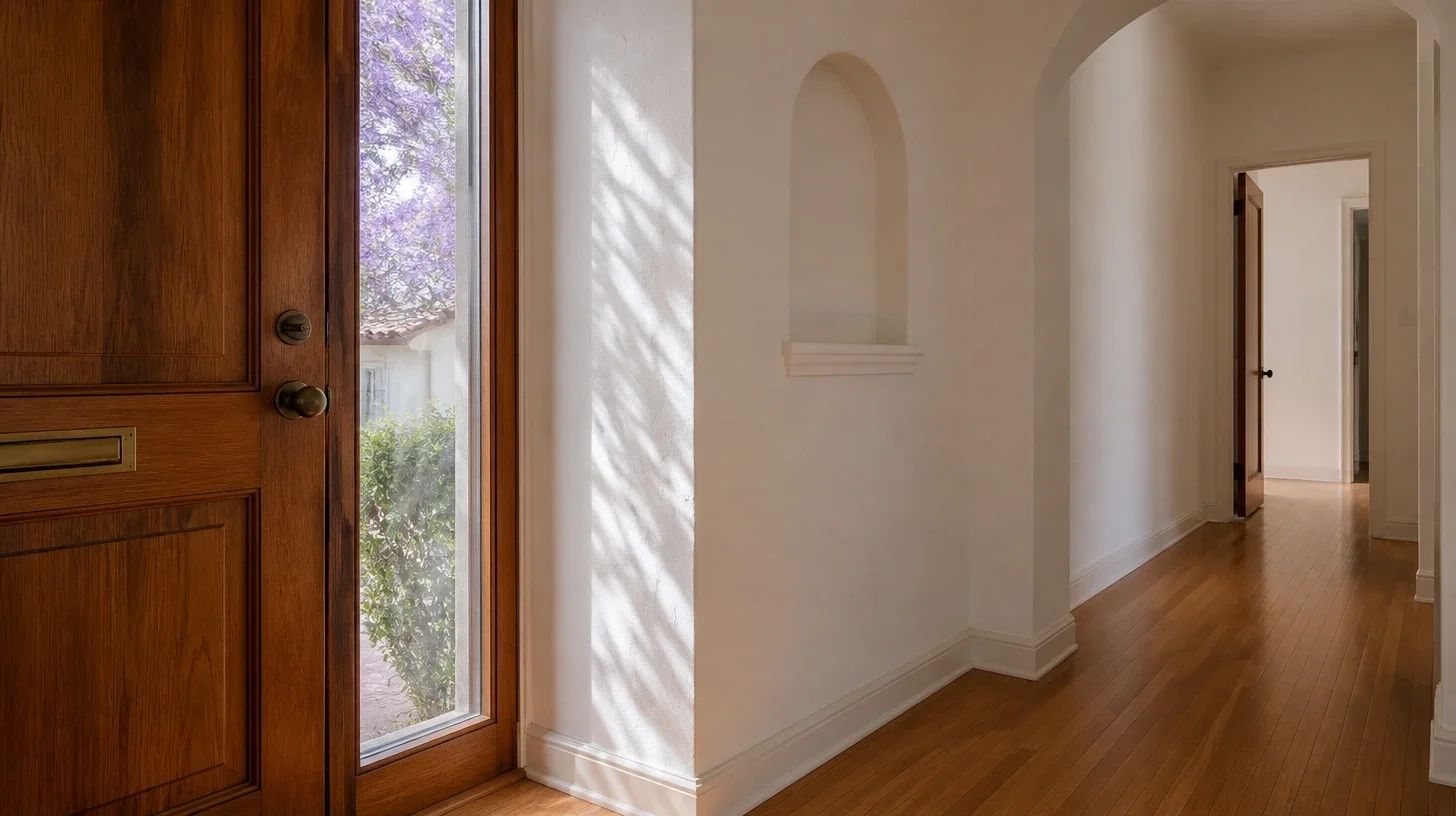 An unfurnished Spanish Colonial Revival entry hall with the stained wood front door standing open, a sidelight showing a blooming jacaranda over a neighbouring white stucco house with red barrel tile, an empty arched plaster niche and warm oak flooring receding down the hall