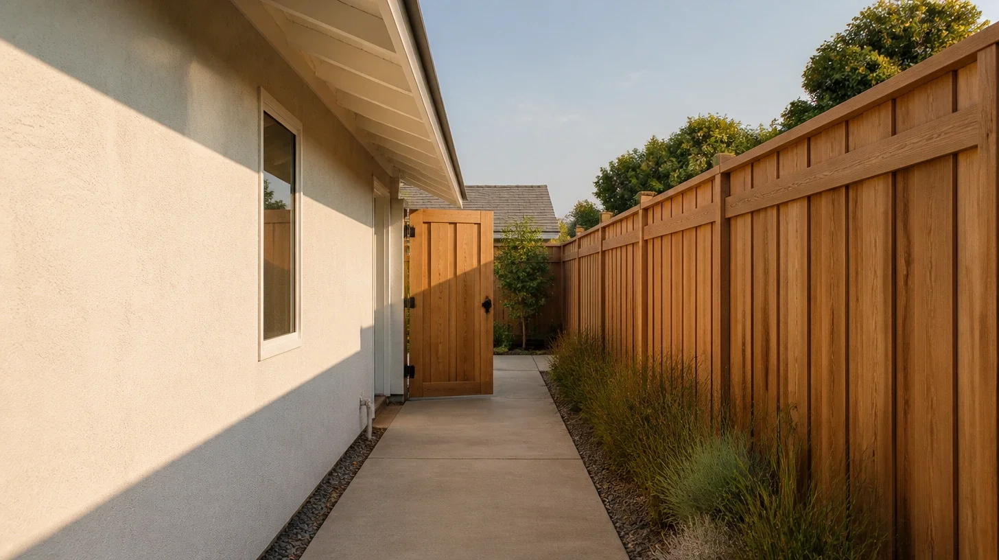 A narrow side passage in low golden light between a stucco house wall and a tall timber fence, with an open gate midway along it and ornamental grasses at the fence line