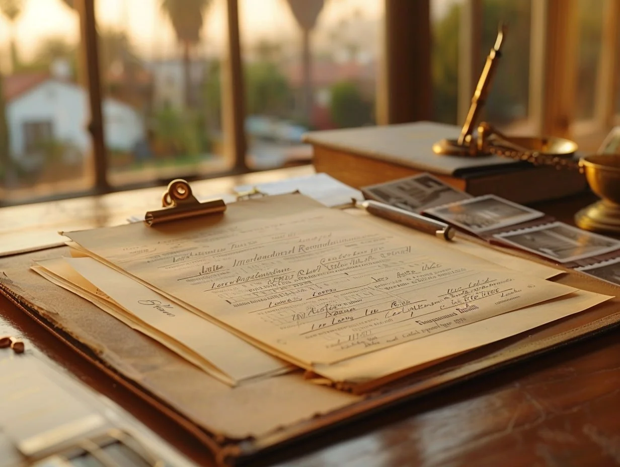 Trust case file with valuation date card, organized exhibits, and LA property photos on a desk in warm window light.