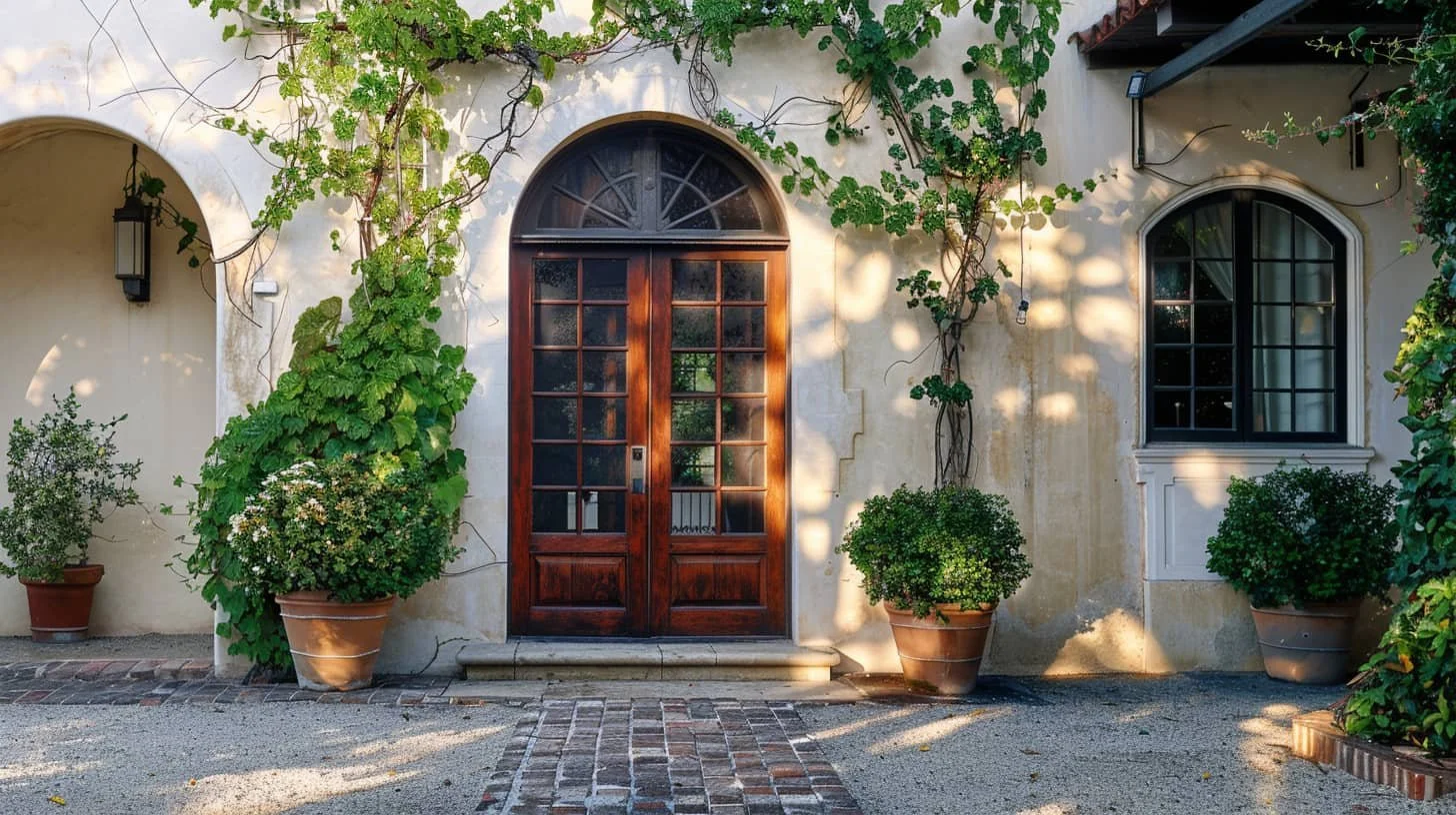 Sunlit Los Feliz Spanish Revival facade with arched doorway and climbing greenery
