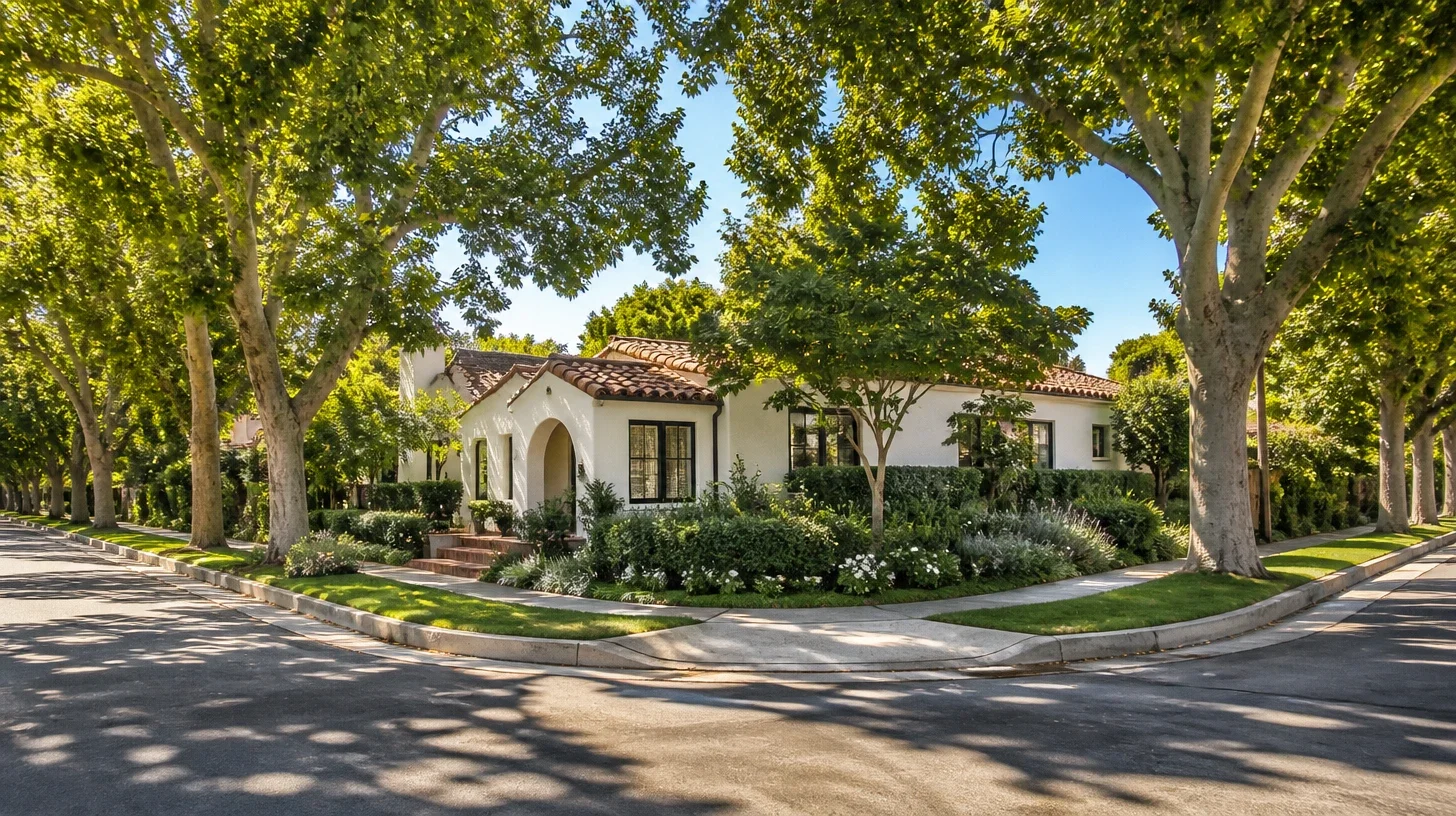 A corner property in Studio City addressing two streets, its frontage continuing around the turn of the kerb.