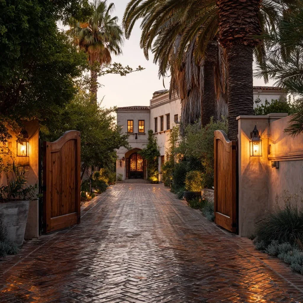 Gated Santa Monica residence at dusk