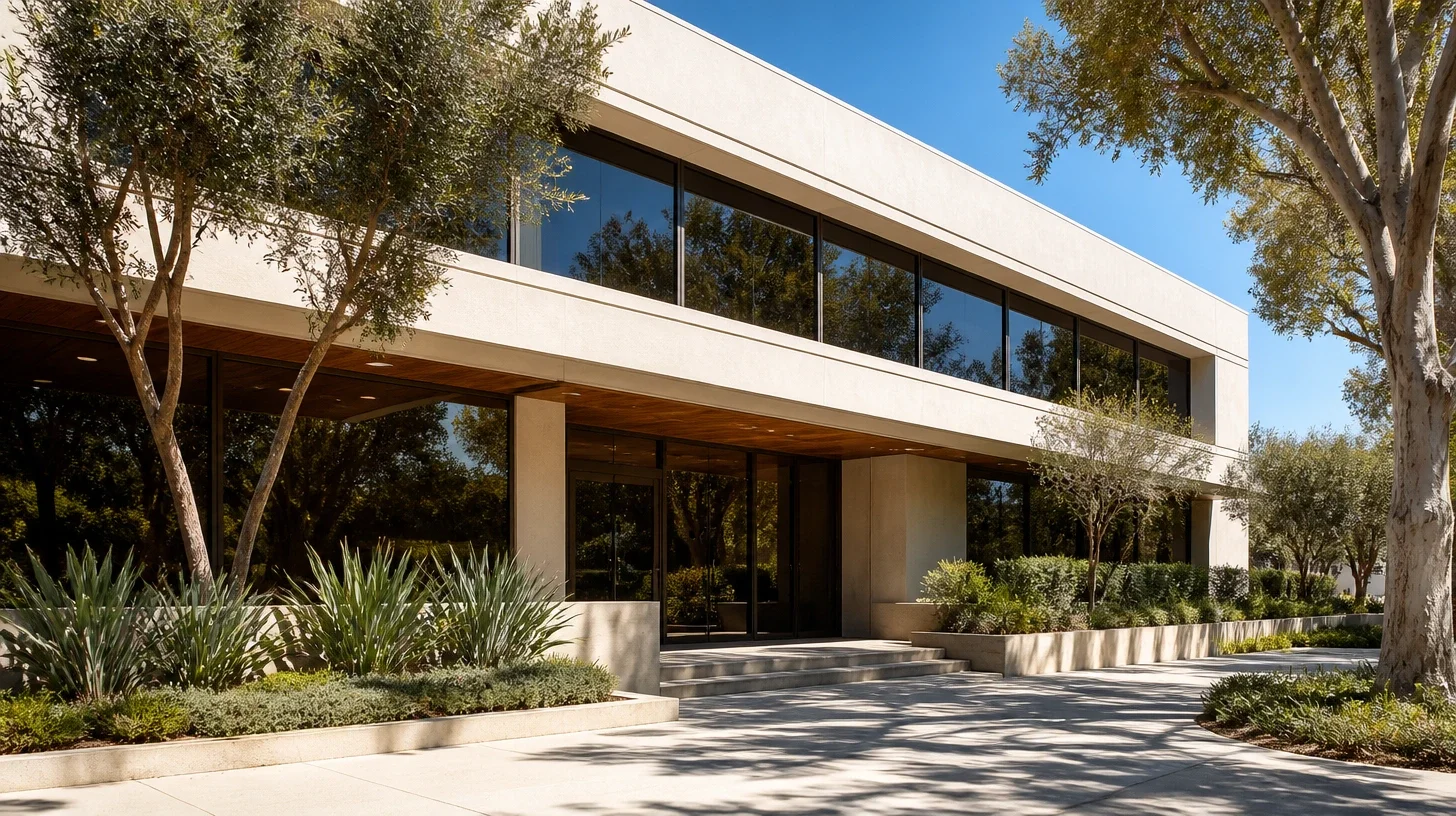 A two-storey Encino professional building seen from its planted setback, deep recessed entrance and mature olive planting.