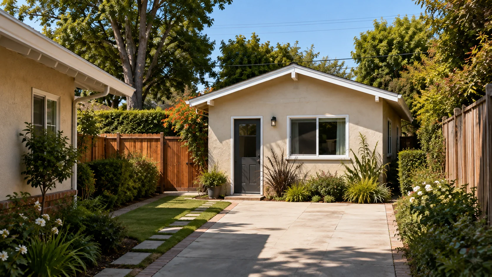 A detached single-storey structure at the rear of a residential lot, built as a garage and converted, with a person-sized door and a trimmed window where the vehicle door used to be.