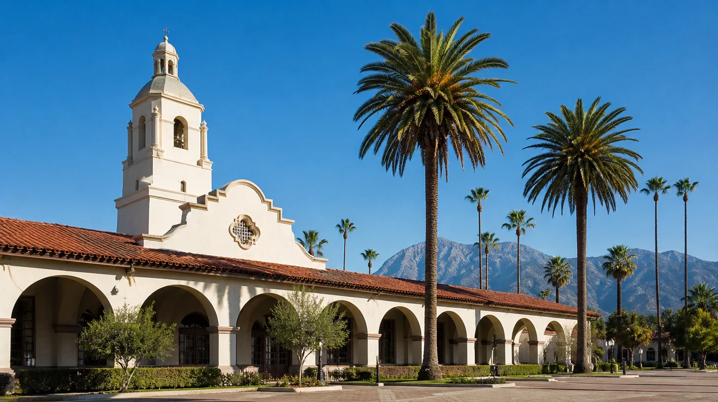 A Mission Revival depot with a long arcade of arches, a red tiled roof and a domed bell tower, framed by tall palms with mountains rising behind under clear sky