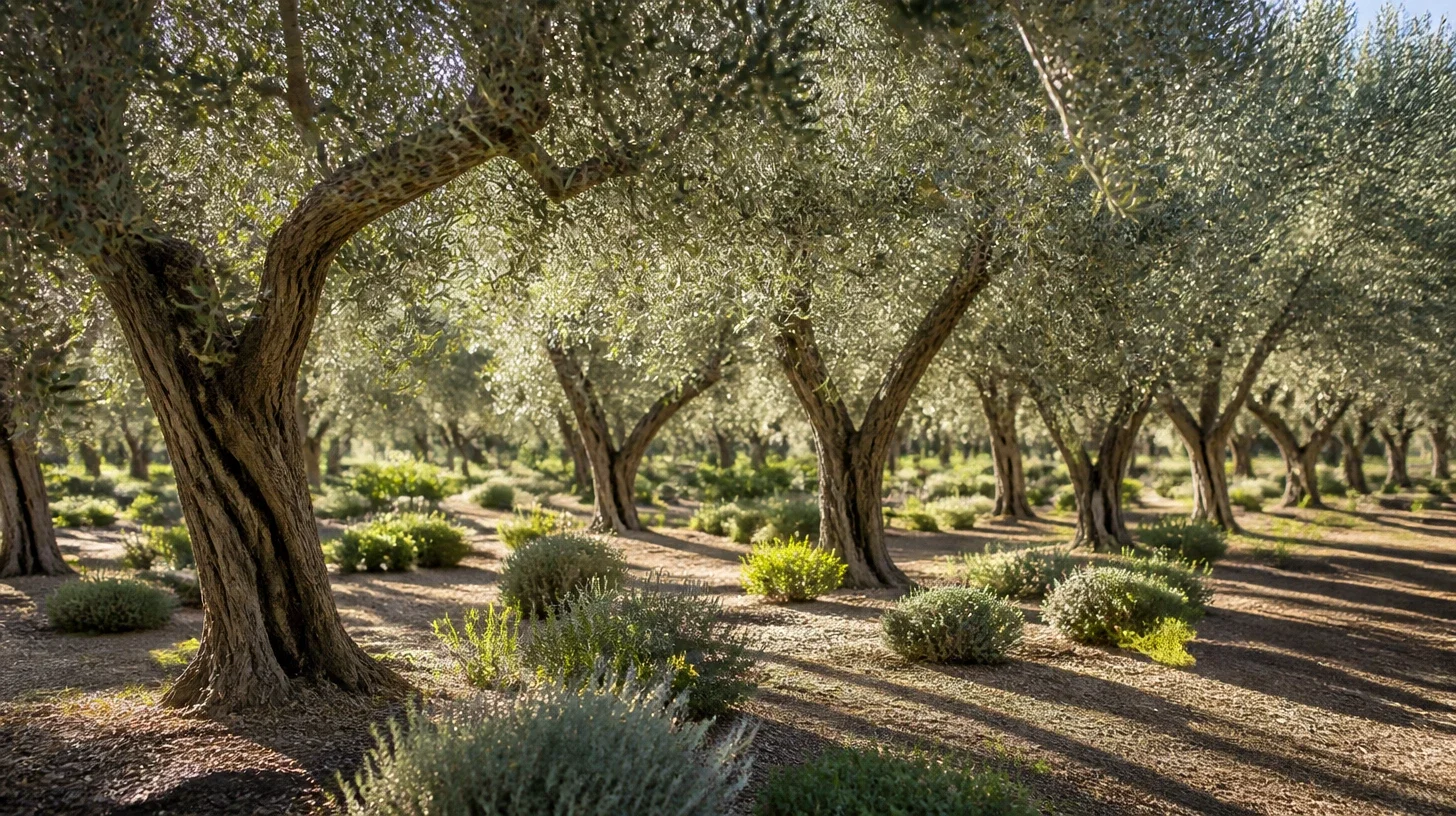 Rows of mature olive trees on the grounds of a Calabasas property, silver foliage and gnarled trunks receding, light raking between them across low planting