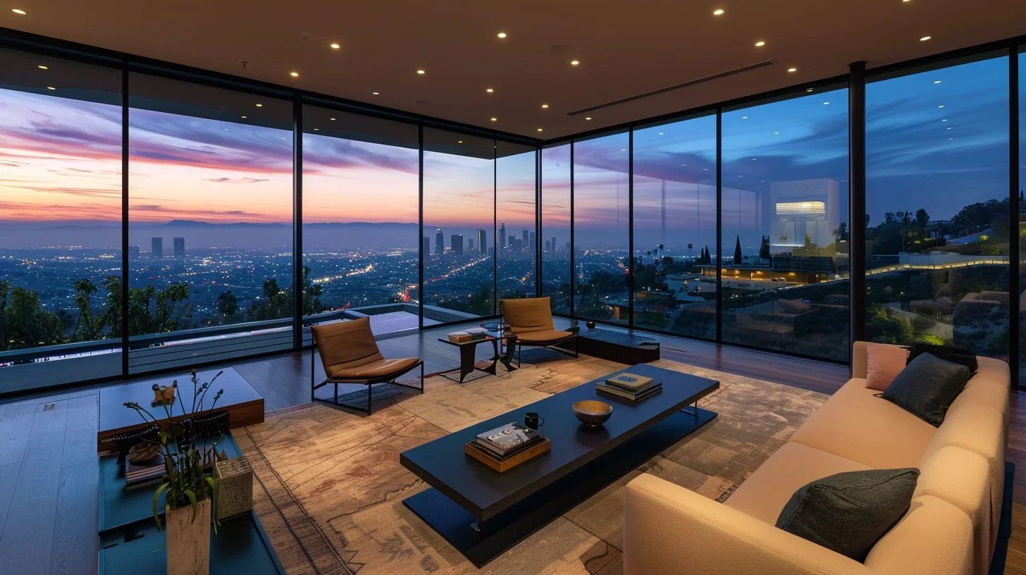 Mid-century glass living room in the Hollywood Hills at dawn with city lights below