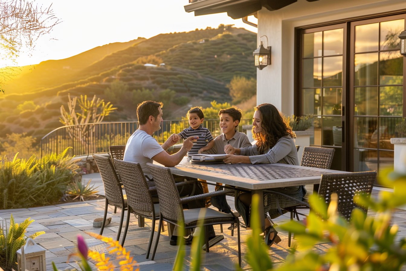 Golden hour Canyon Crest family celebrating certified inheritance appraisal delivery with local expert