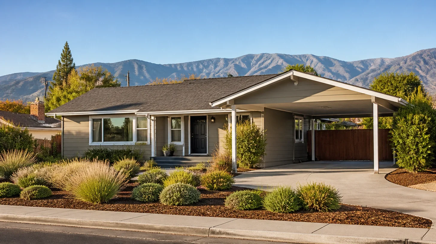 A single-storey ranch house in painted horizontal siding with a gabled side carport on white posts, a dark front door under a porch, a picture window and drought planting in bark mulch