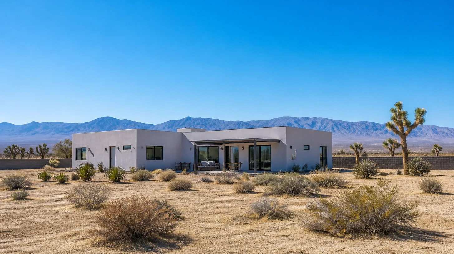 A single low house of smooth painted masonry standing alone on a large open parcel of pale desert ground, with Joshua trees behind it, a low block boundary wall and a distant ridge under a deep blue sky