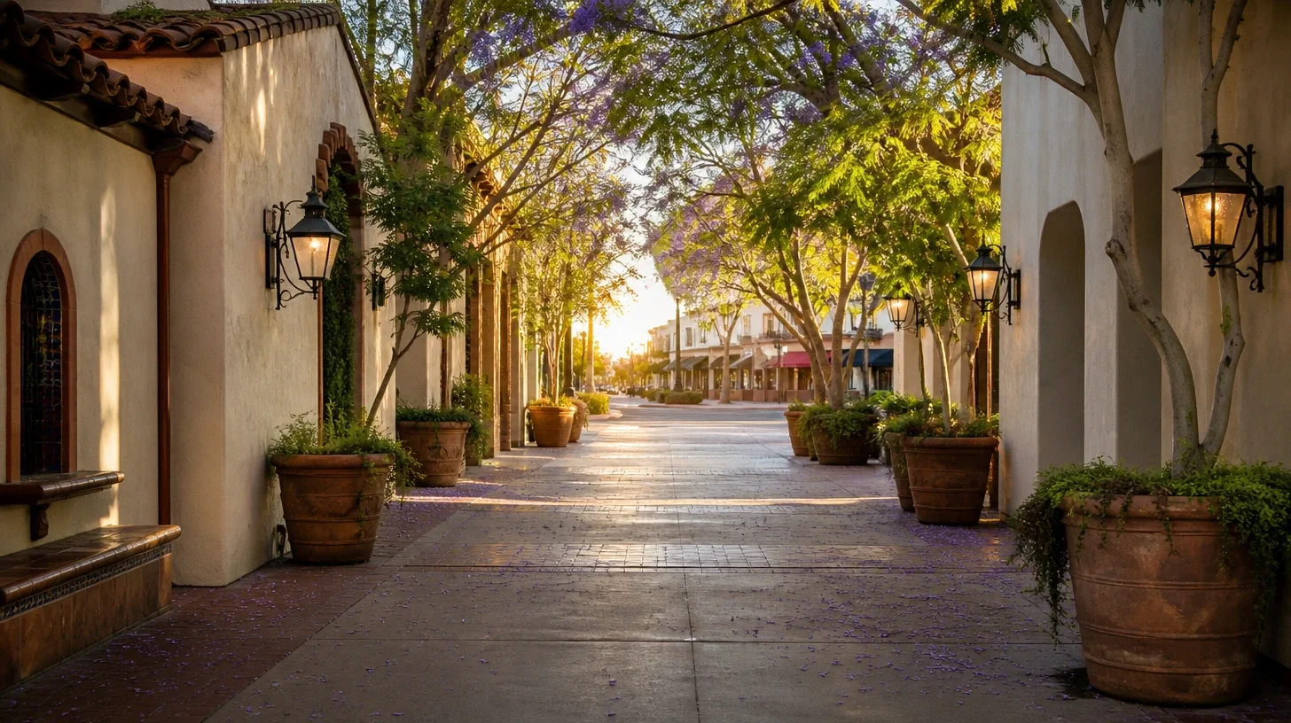 A paved pedestrian passage lined with terracotta planters and wall lanterns, jacaranda petals scattered across the paving and a tiled arched window at one side, opening onto a sunlit street of awninged shopfronts