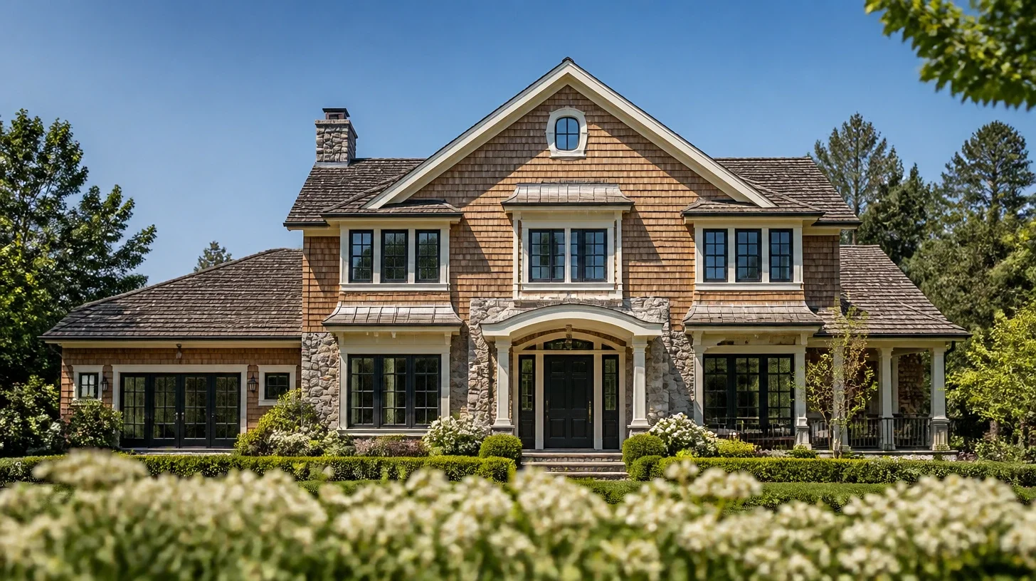 A Calabasas home in timber shingle and rough stone with a broad gable, seen square on above a band of low massed planting in the near ground