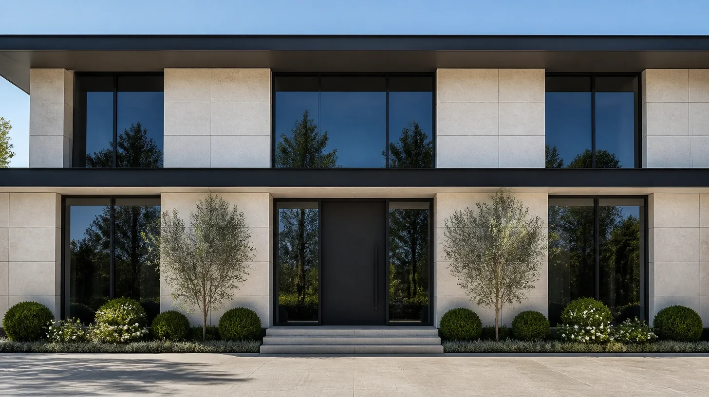 The front of a contemporary Calabasas home in pale stone and dark glazing, seen square on and close from a paved forecourt with clipped planting at its base