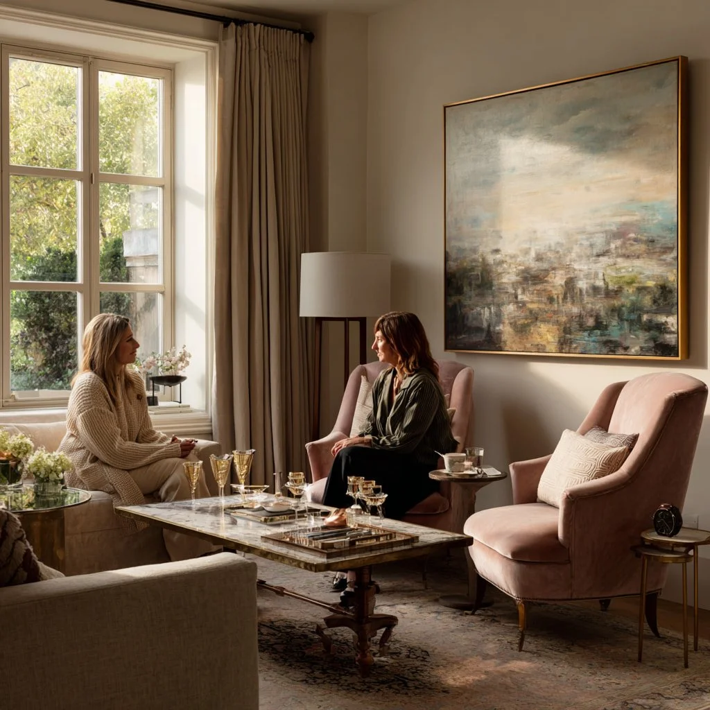 Golden Hills townhouse study, discreet appraisal meeting, female expert and client, velvet chair, Robb Report editorial