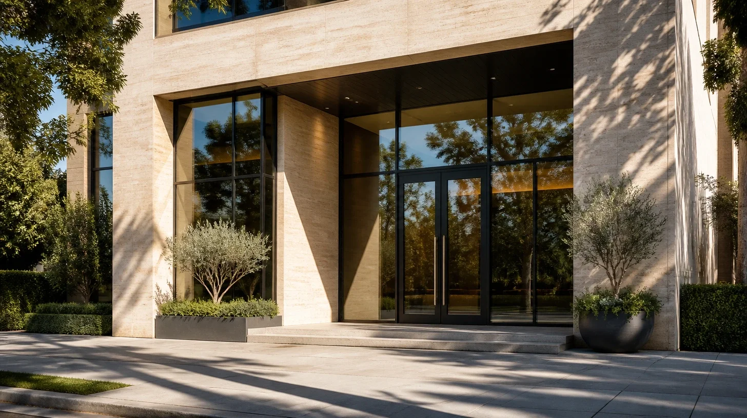 The recessed entrance of an Encino professional office building in travertine and bronze glazing, doors closed, no signage.