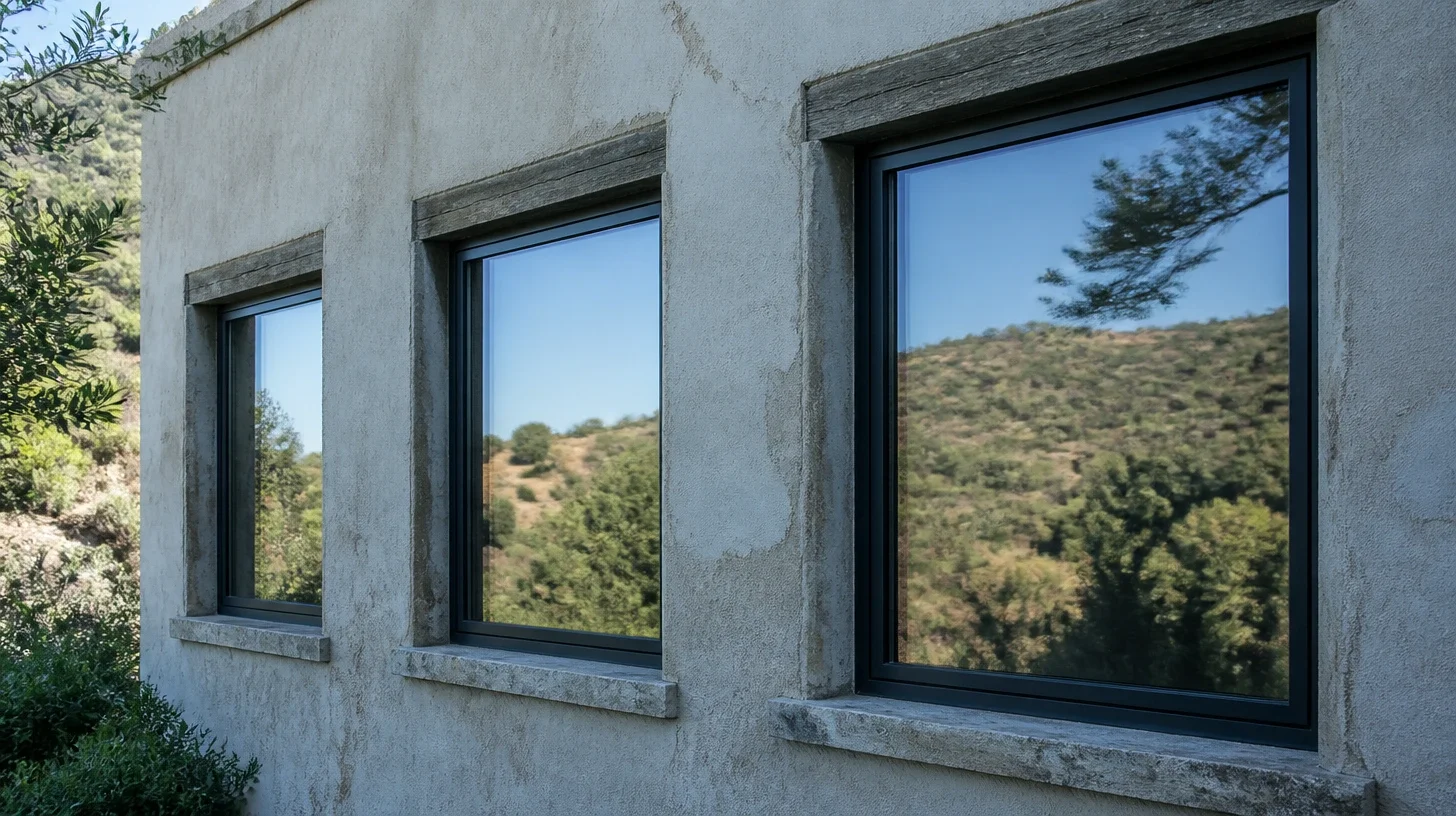 Three new dark metal windows set into an older stucco wall on a Malibu house, the wall in cool shade while the glass carries the bright sky and the lit chaparral slope behind the camera