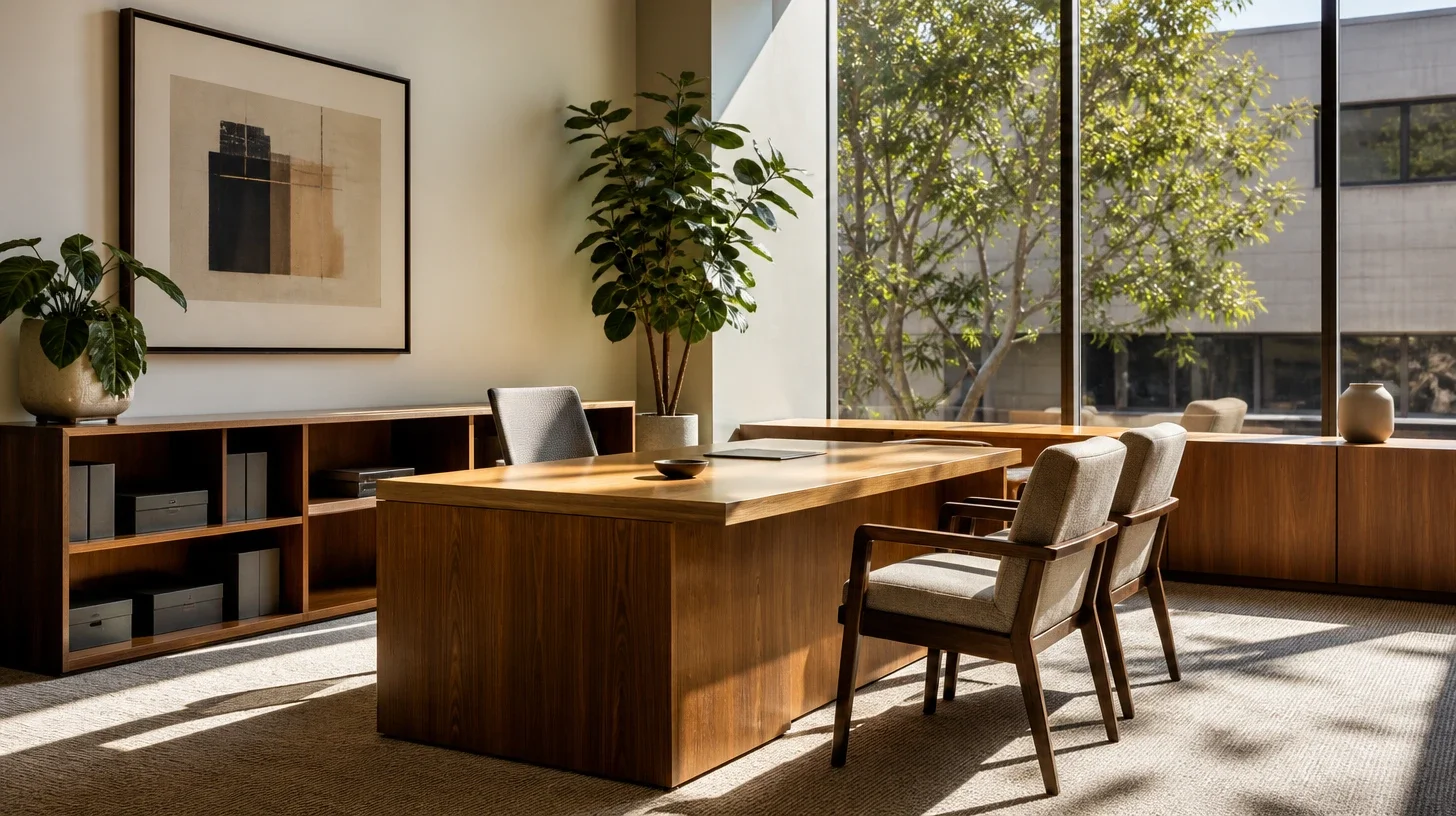 A well-kept professional office suite in an Encino building, daylight across the floor, momentarily unoccupied.
