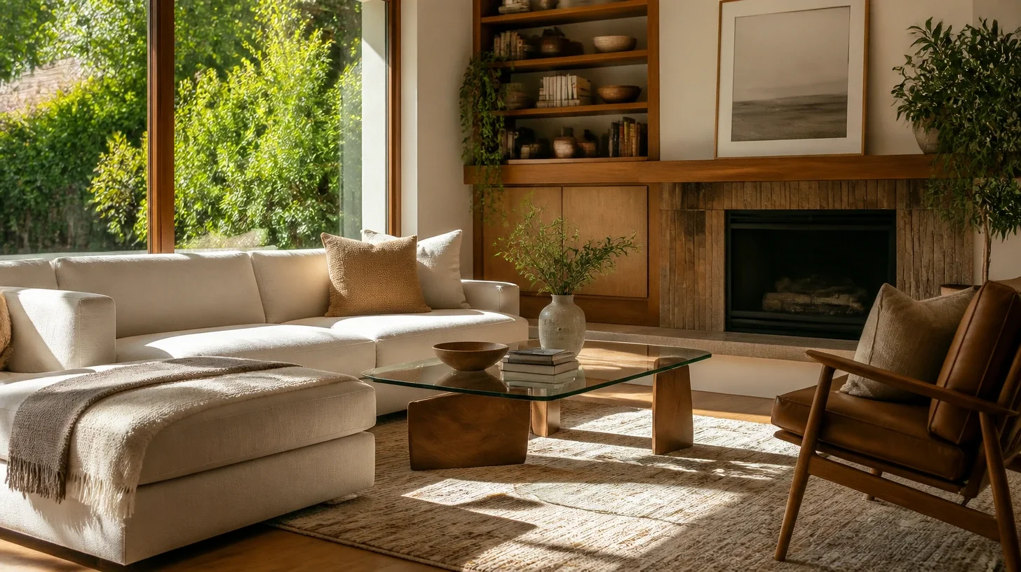 A furnished, cared-for room in an Encino home lit by daylight through a window, in use and momentarily unoccupied.