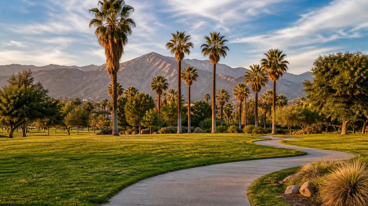 A city park with tall palms and mature trees, a curving concrete path across mown lawn and the San Bernardino Mountains rising behind in late afternoon light