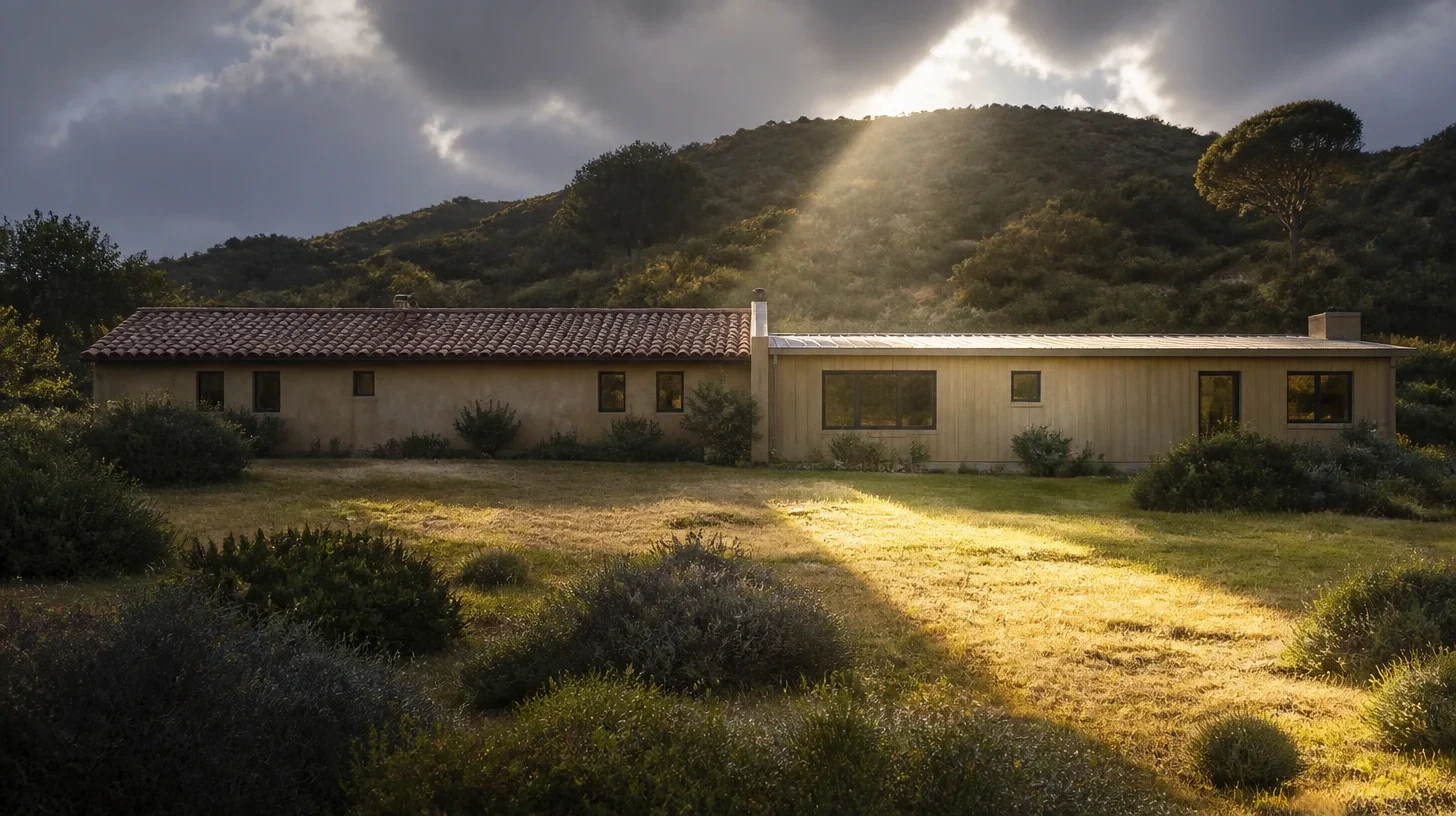 The full length of a Malibu house seen across open ground, an older stucco core under clay tile meeting a later timber-clad wing, with a single shaft of sun breaking through broken cloud onto the hillside and across the grass in front