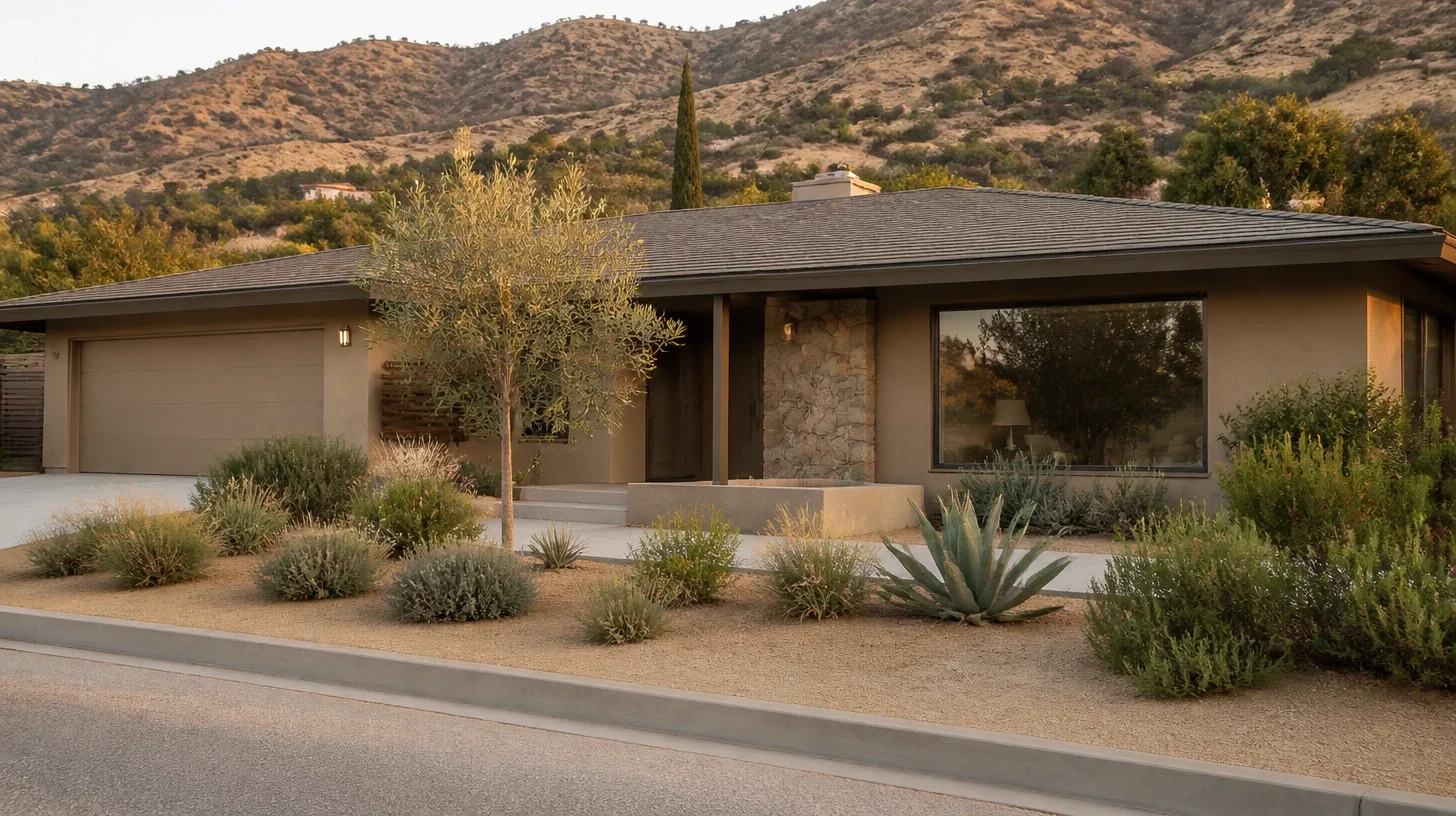 A single-storey California Ranch house in taupe stucco with a broad low-pitched roof, a picture window and a river-rock chimney breast, fronted by drought planting of agave, olive and sage, with dry brush hills rising behind