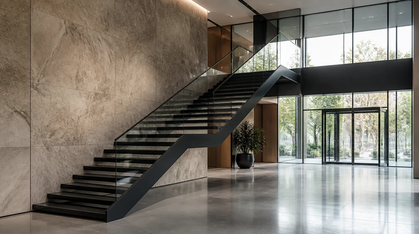 A double-height commercial lobby with an open-riser steel stair and glass balustrade against a large-format stone-clad wall, and full-height glazing to a revolving entrance