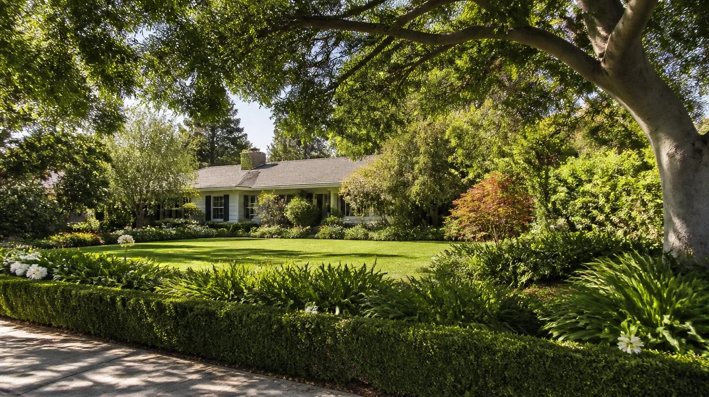 A deep front lawn with a Studio City home set well back, seen from the pavement across established boundary planting
