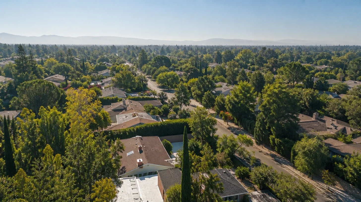 A long view across an established Encino residential area, level tree-lined streets and mature canopy.