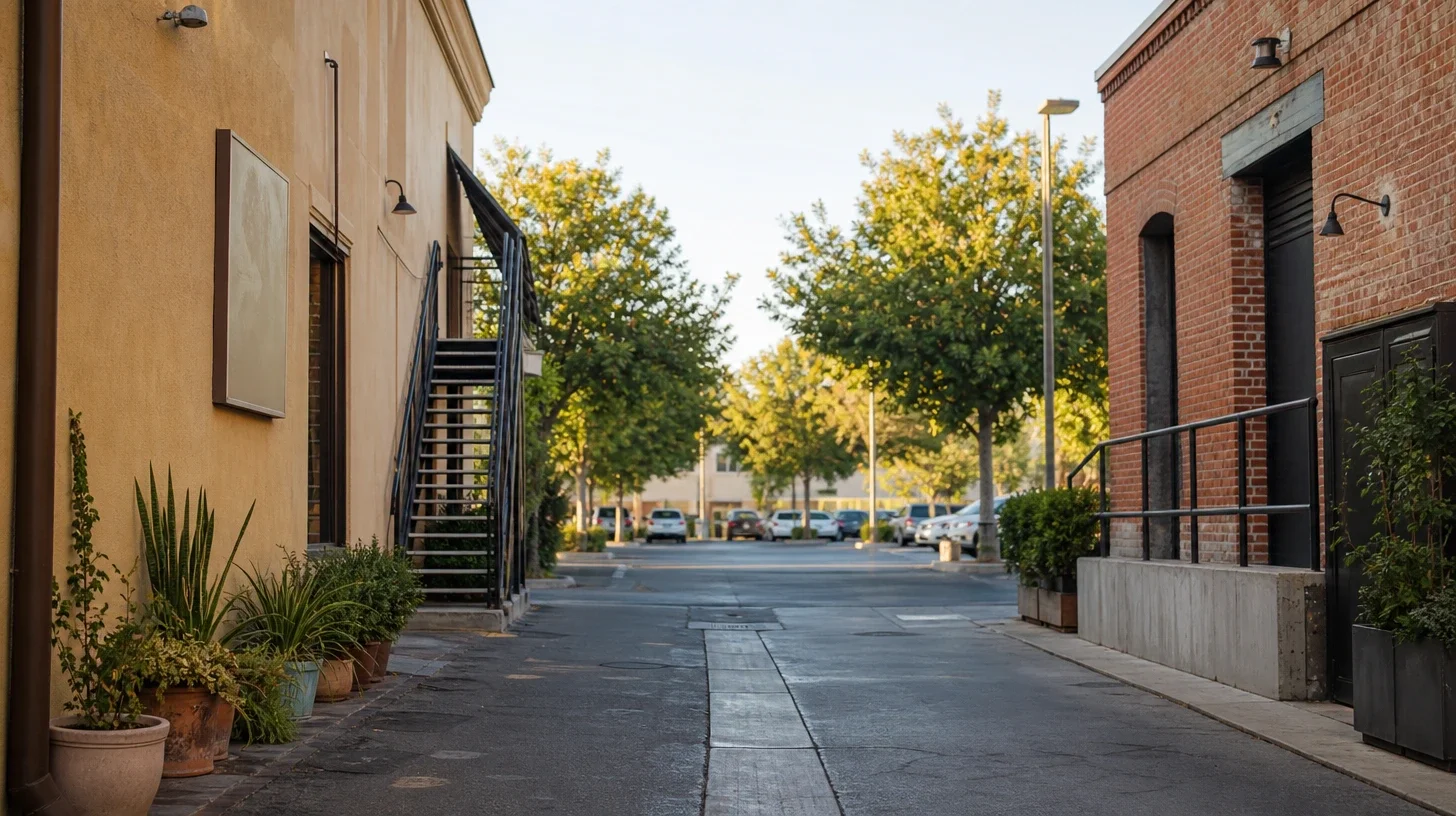 A service lane between a warm ochre stucco wall lined with potted plants and a red brick elevation, running toward a tree-lined parking area where several cars are parked in late afternoon light