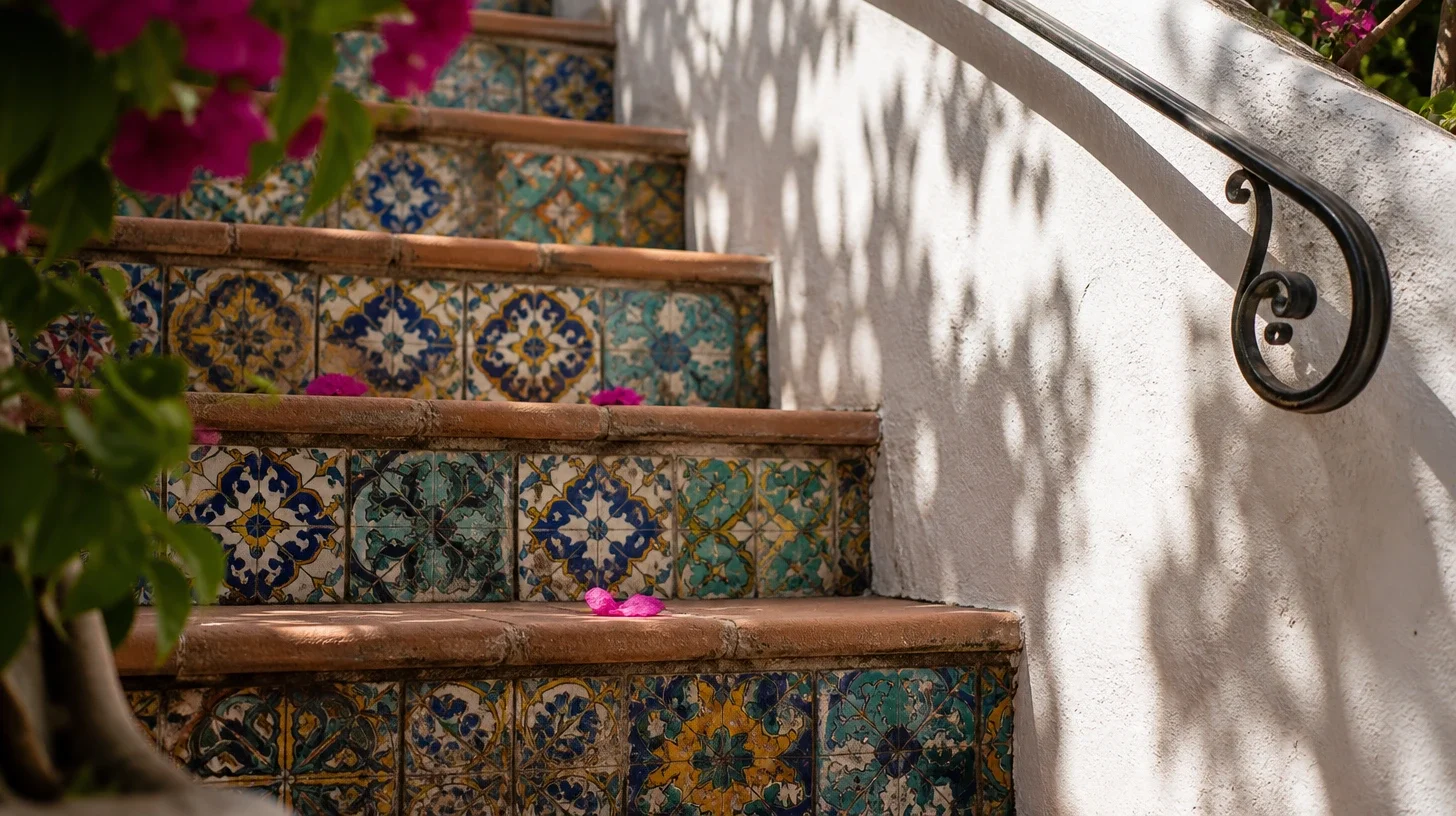 An exterior stair with hand-painted blue, green and yellow tile risers and worn terracotta treads, a scrolled wrought-iron handrail on the white stucco wall beside it, and fallen magenta bougainvillea bracts resting on one step