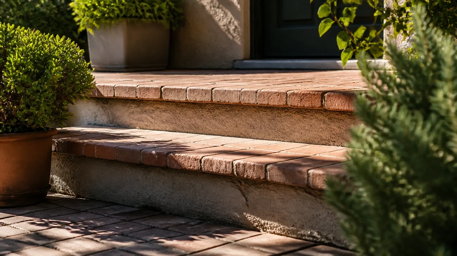 Two shallow brick entrance steps at a Studio City home photographed close and low, late-morning light raking across the treads and risers, potted planting at the edge
