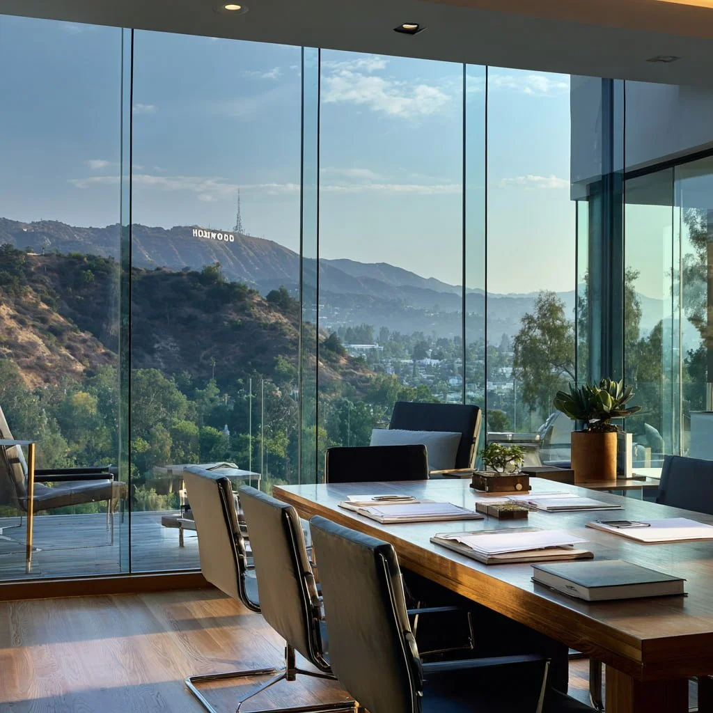 Modern Hollywood office overlooking the Hollywood sign with appraisal documents on the conference table