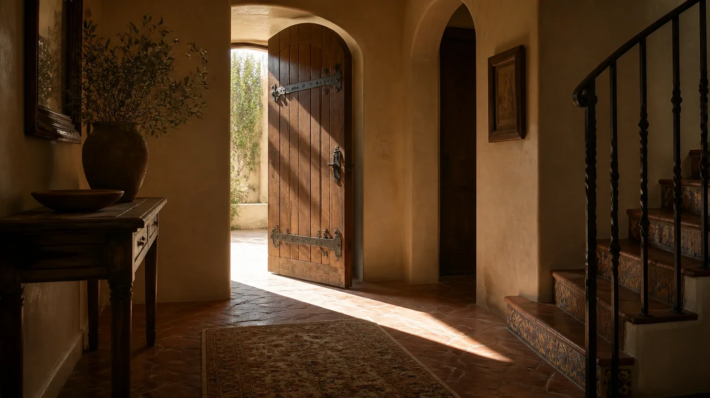 A shadowed entrance hall in a Calabasas home with a plank timber door standing open on wrought strap hinges, daylight thrown across terracotta paving