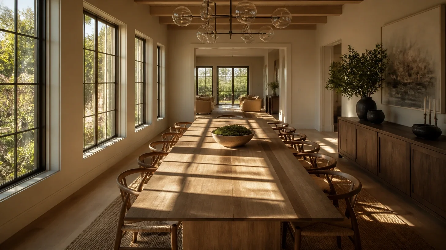 A long dining room in a Calabasas home seen down its length, afternoon light through a run of windows laying bands across the table and its chairs
