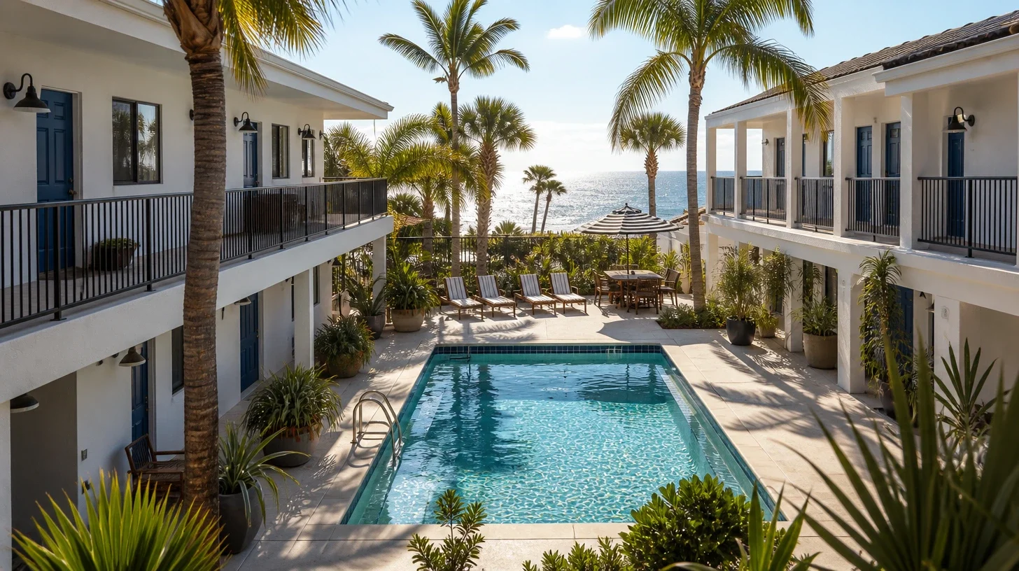 A two storey courtyard around a swimming pool in a visitor serving coastal property, with white stucco elevations, blue doors along open walkways, palms and loungers on the pool deck and open ocean beyond the far end