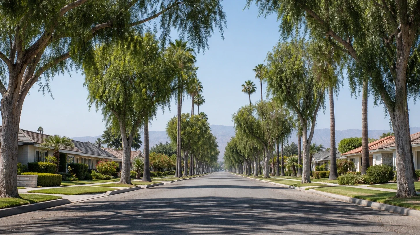 A wide residential avenue receding to a distant vanishing point beneath pepper trees and tall palms, single-storey houses set back on both sides and hazy hills across the horizon