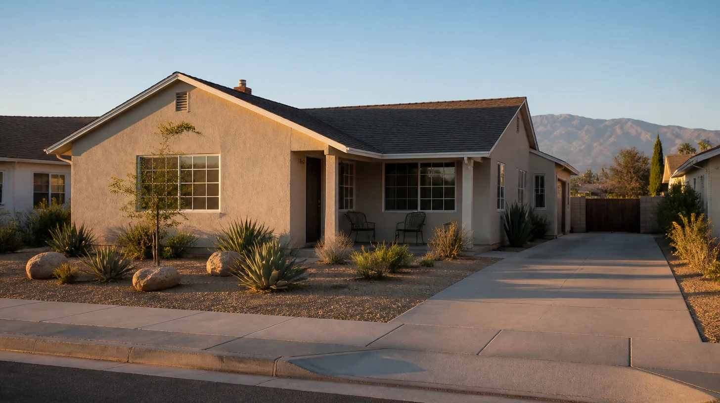 A single-story stucco ranch house seen from the street in late afternoon light, with a low tile roof, a gravel and agave front garden, a wide concrete driveway and a mountain ridge along the horizon behind it