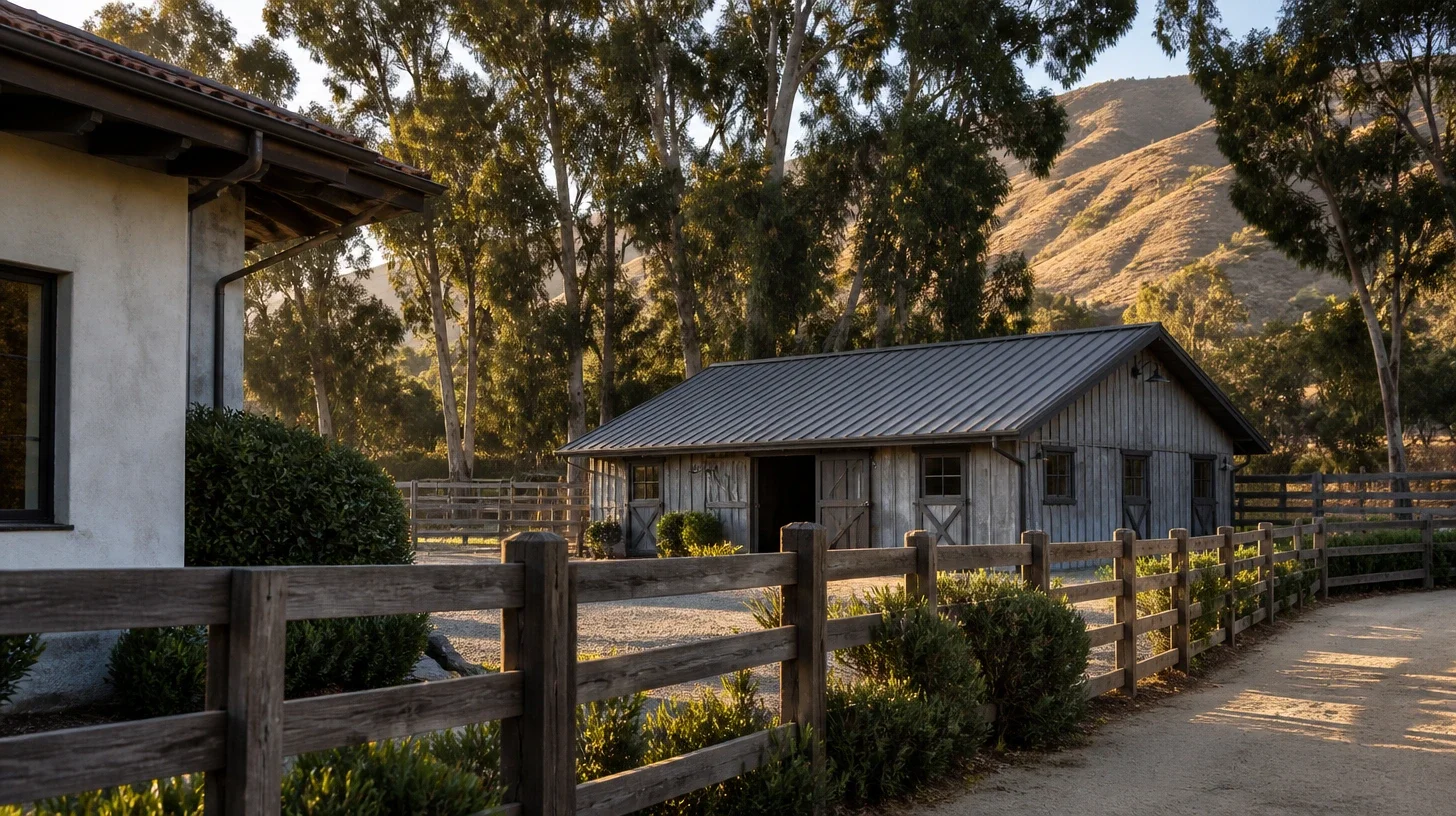A weathered timber outbuilding with a standing-seam metal roof beyond post-and-rail fencing and a gravel yard, the corner of a stucco house with a clay tile roof at the left, a eucalyptus windrow behind and a dry gold hillside rising past it