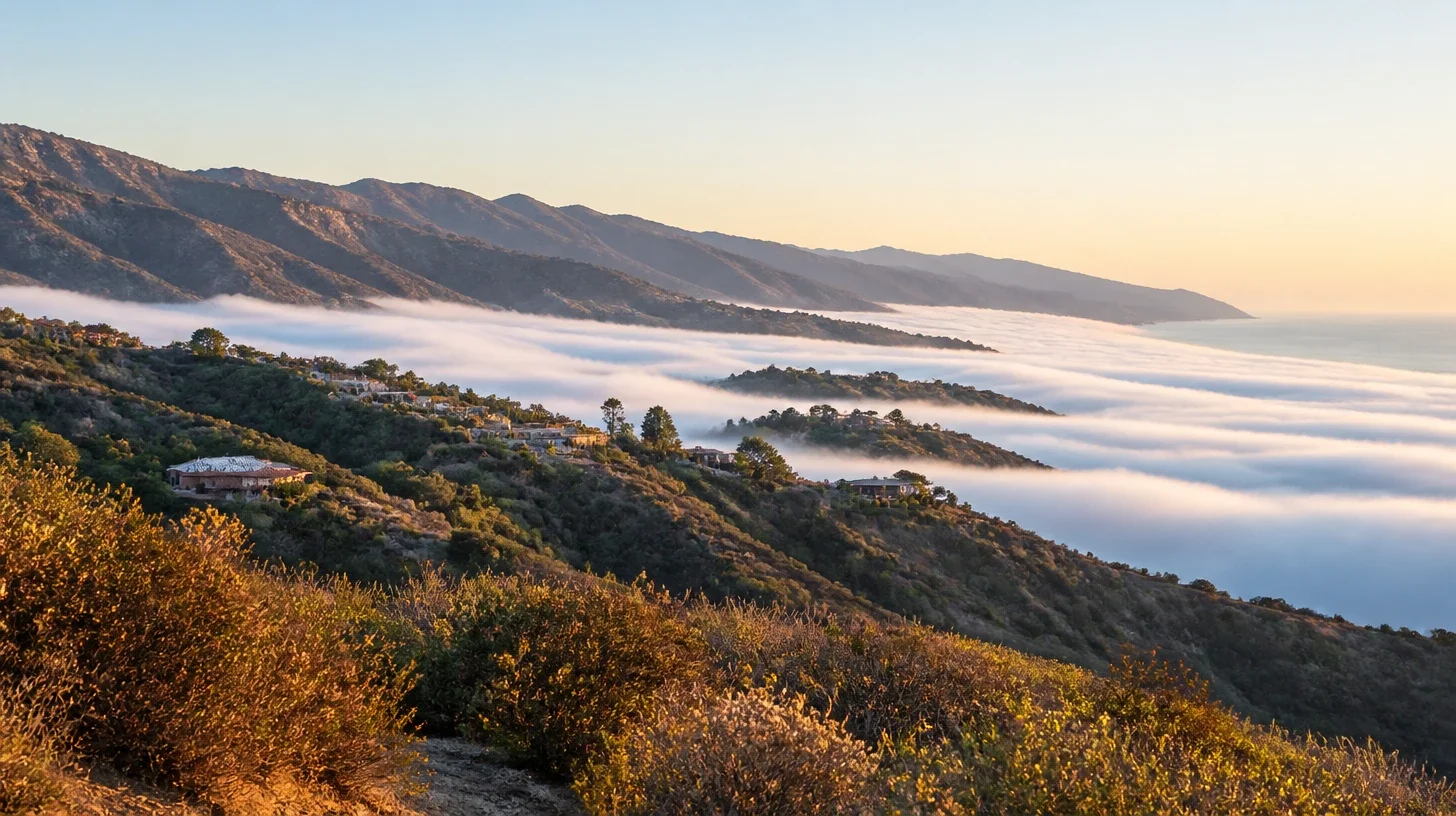The marine layer lying white in the Malibu canyons at first light, lit ridges stepping away above it down the coast, with houses small along them and visibly of different eras