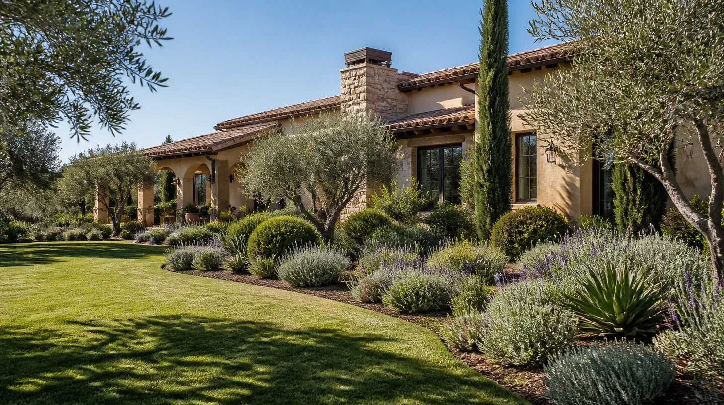A Calabasas home of stucco and stone seen across its garden, cypress and olive about it and lavender and clipped box massed in the foreground