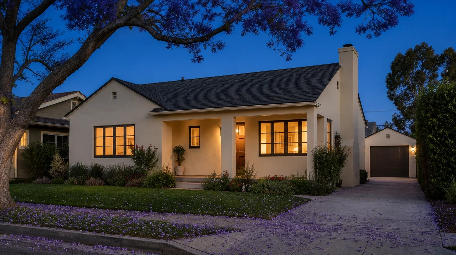 A single-storey cross-gable cream stucco cottage at blue hour seen obliquely from the sidewalk, a jacaranda in bloom dropping florets onto the lawn, a clipped hedge at the path and a side driveway running back to a detached single-car garage