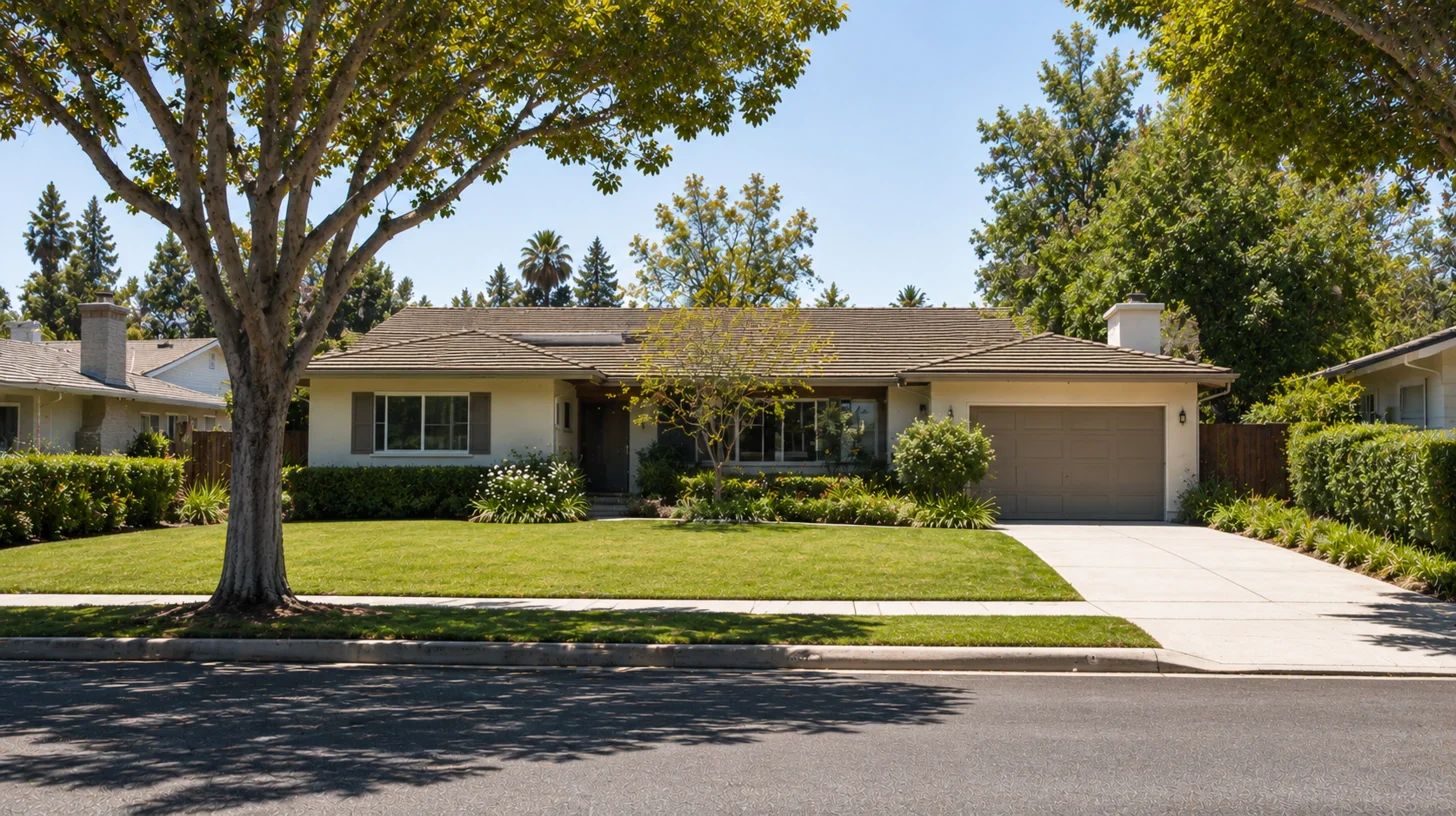 A single-storey Encino home on level ground, close to its neighbours on both sides at the same grade, with a flat driveway running straight to the garage.