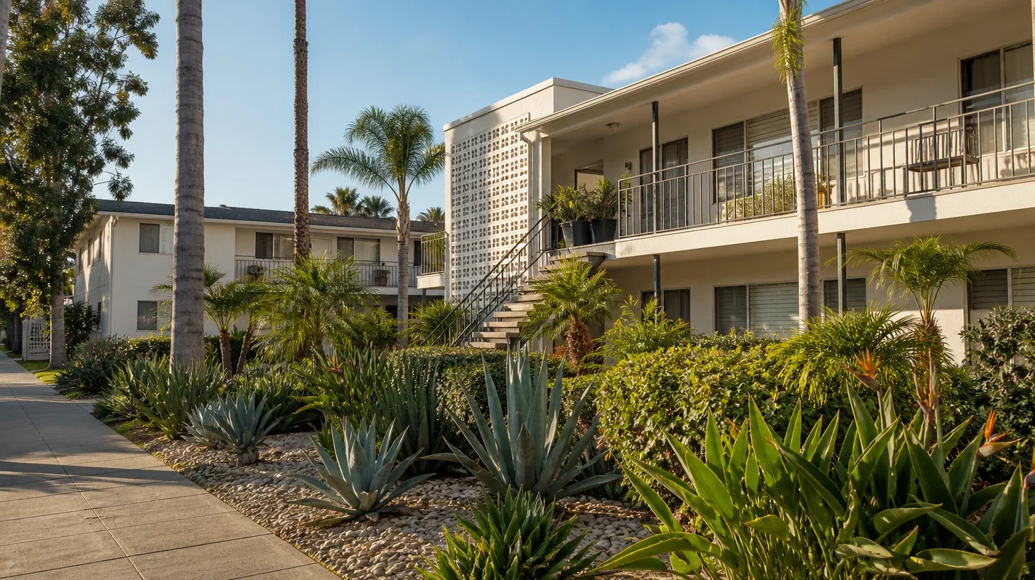 A nineteen-seventies flat-roofed garden condominium with a pierced breeze-block screen, an open exterior stair and a gallery walkway, agave and bird-of-paradise planted along the path in late afternoon raking light
