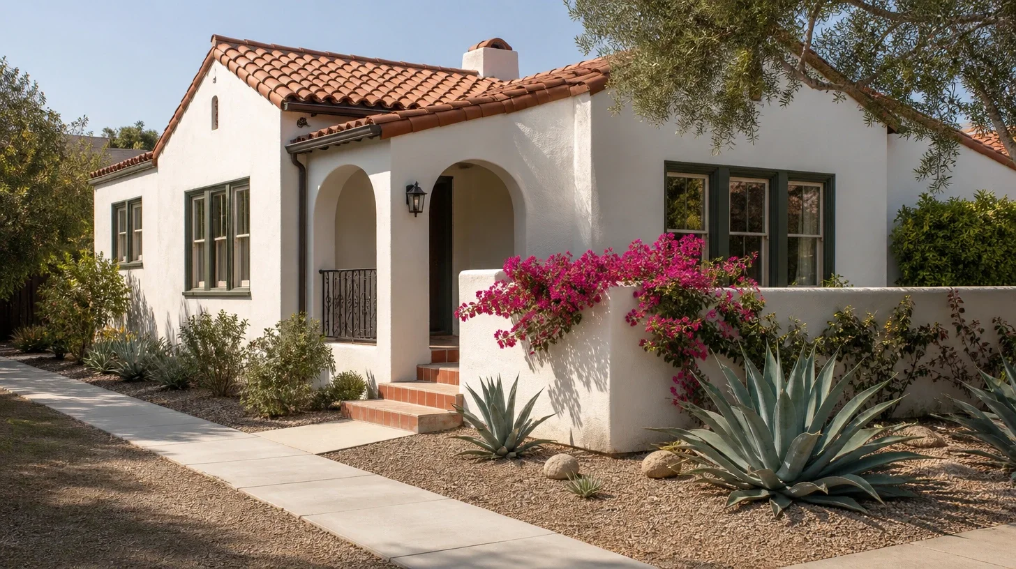 A white stucco bungalow with a red barrel-tile roof and an arched entry porch, dark green window frames, and magenta bougainvillea spilling over a low garden wall above agaves and gravel