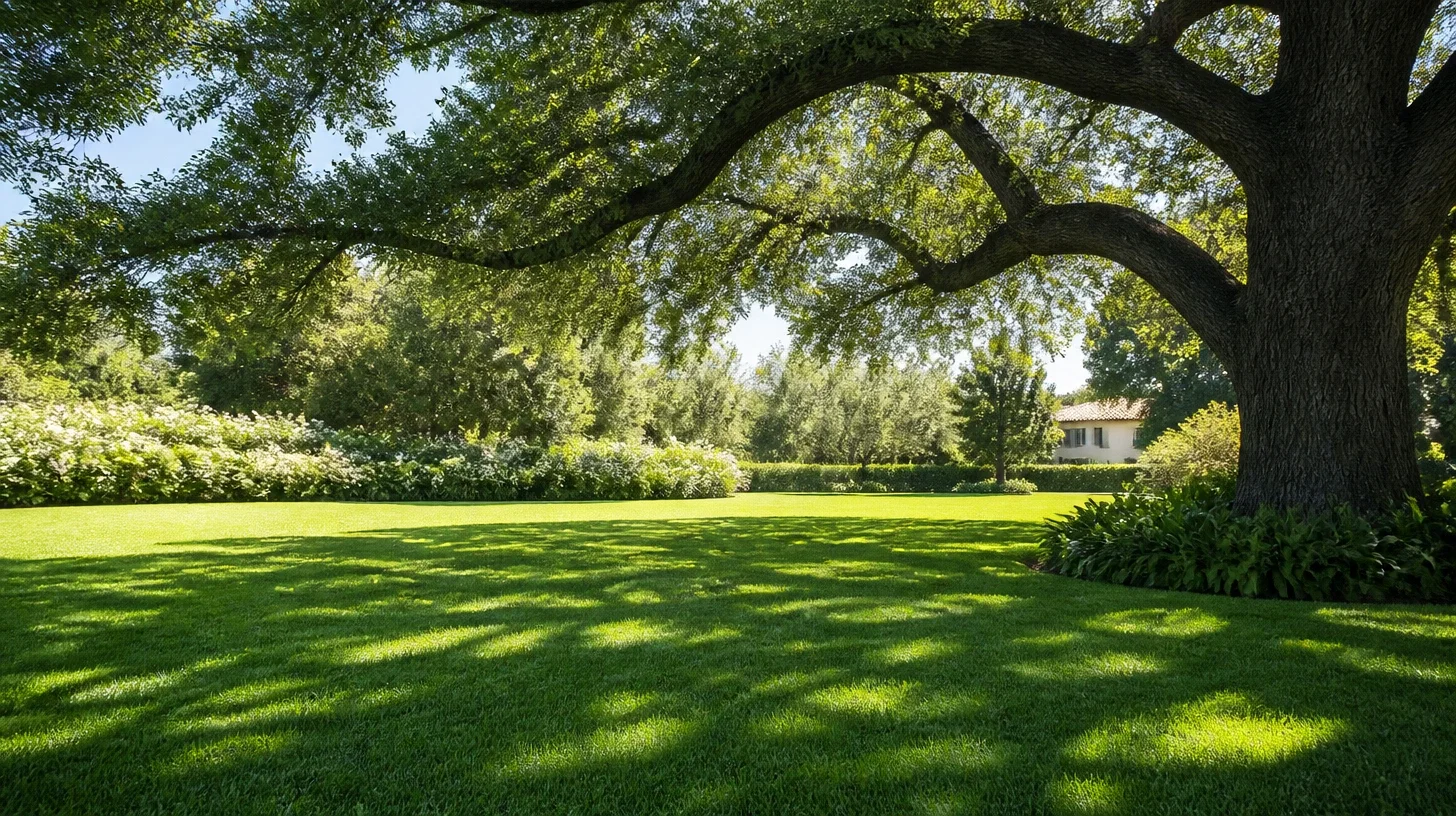 An open mown lawn beneath the broad canopy of one mature coast live oak, dappled shade across the grass and the tiled corner of a house distant at one edge