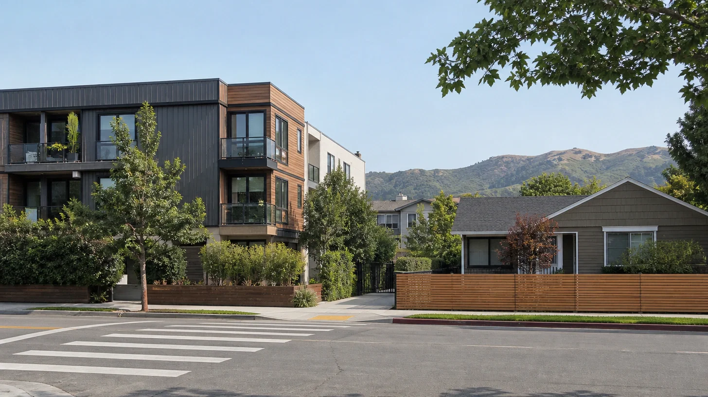 A street corner with a three-storey attached building in dark cladding and timber on one side and a single-storey detached house behind a slatted fence on the other, hills beyond