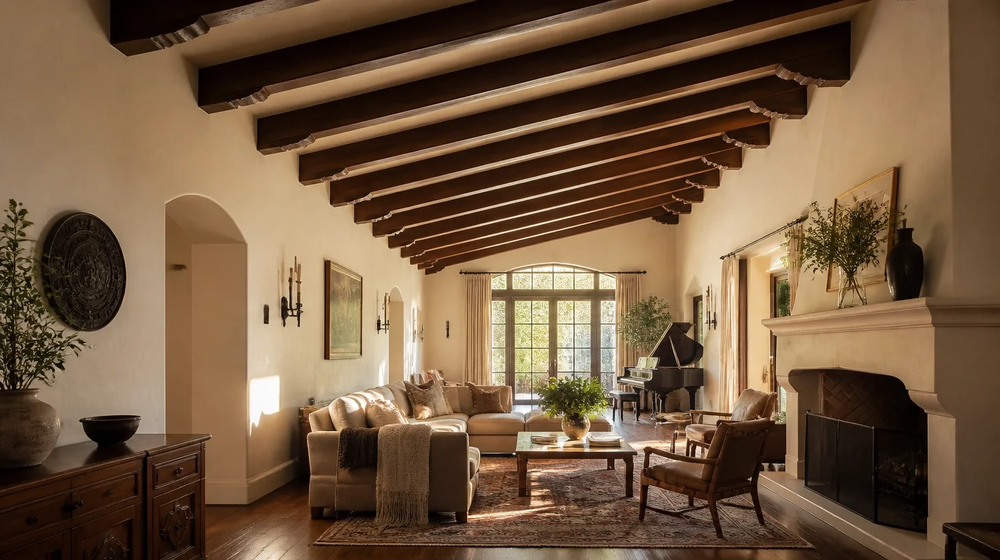 A beamed room in a Calabasas home seen along its length, dark timber beams converging overhead and daylight arriving through arched doors at the far end
